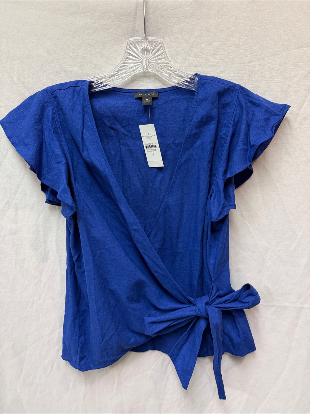 Ann Taylor Cobalt Wrap Flutter-Sleeve Tie Blouse